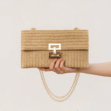 Bag ladies holiday shoulder bag, chain flip lock square purse, straw bag hobo shoulder bag women