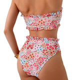 Trendy Floral Print Two Piece Swimsuit Women's Sexy Ruffled Bikini Set