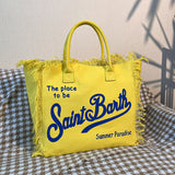 Large Beach Shoulder Commuter Tote – Handmade Fringe Denim Printed Bag, Casual Travel Shopper