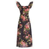 Slim and sexy side split waist mid-length dress, French retro square collar Print Chiffon Dress Bohemian dress