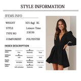 Skinny Deep V-Neck Waist Pleated Mini Dress - Long Sleeve Bodycon Short Dress