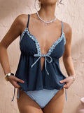 Tankini Swimwear for Women with Ruffled Two Tone Shoulder Straps and Tie Closure Bathing Suit