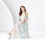 Early Spring Fashion Court Style Dress - Vintage Print Mandarin Collar Long Sleeve Flared Maxi Gown