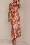 Sleeveless Strap Dress Slim Dress Satin Printing Temperament