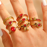 Art Vintage Palace Heart Geometric Red Zircon Bow Ring Women Luxury Band