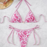 Contrasting Print Strap Sexy Bikini Split Swimsuit Batwing Short Sleeve Shirt W Plants Print