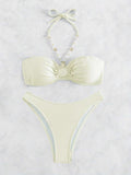 Sexy Solid Neck Ladies Beach bikini Ruched Bust Halter Bikini Swimsuit