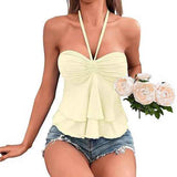 Sexy Lace Up Cross Sling Off-Shoulder Halter Pleated Ruffle Edge Solid Color Tube Top Drawstring Bust Tie Backless Halter Top