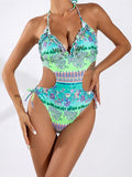 Sexy Backless Slim Fit Printed Bikini One Piece Swimsuit with Ruffled Design