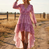 Women's Bohemian V-Neck Asymmetrical Hem Printed Long Sleeve Dress