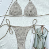 Mesh Fabric Solid Color Split Bikini Swimsuit, Stylish Sexy Beach Hot Spring Resort Swimsuit