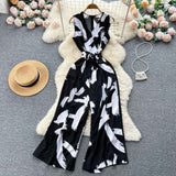 V-Neck High Waist Floral Print Wide Leg Jumpsuit - Loose Fit Women's Romper with Belt