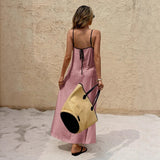 Off-the-shoulder backless solid color suspender strap-up long dress
