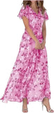 Beach Flared Maxi Dress Chiffon Floral Short Sleeve Ruffle V-Neck Fashion Waist-Defining Dress