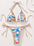 Hemming contrasting print strap sexy bikini split swimsuit Batwing Short Sleeve Shirt W Plants Print