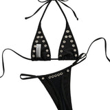 Ins Niche French Style Sexy Metal Ring Pure Desire Halterneck Retro Girl Bikini Swimsuit Set