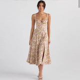 Sleeveless Strapless Bandage Corset Dress - Floral Print Long Midi Dress with Lace Up Back & Thigh Slit