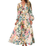 Bohemian female Long Lantern Sleeves Dress-Boho deep V printing high waist casual dress for women