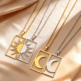18K Gold Plated Sun Moon Hollow Geometric Square Pendant Stainless Steel Necklace