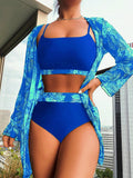 Maple Leaf Print Long Sleeve Patchwork Bikini Three Piece Separate Swimsuit for Women