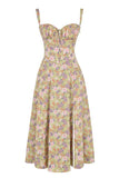 Sleeveless Strapless Bandage Corset Dress - Floral Print Long Midi Dress with Lace Up Back & Thigh Slit