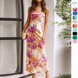 Satin Halter Backless Slit Midi Dress - Print High Neck Elastic Waist Wedding Guest Dress