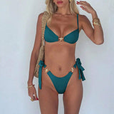 Popular Solid Color Bikini Two-Piece Swimsuit with Tie Back Sexy Design and Accessories High-End