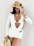 Women's Swimsuit Tie-Dye Print Mesh Long Sleeve Beach Dress Sexy Bikini Four-Piece Set