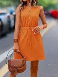 Casual Woven Button Lace Up Waist Solid Color Sleeveless Dress Solid Button Drawstring Waist Dress