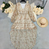 Women's Bohemian V-Neck Asymmetrical Hem Printed Long Sleeve Dress