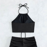 Solid Color Sling Two-Piece Swimsuit Women's Square Leg Sports Beach Bikini Swimwear