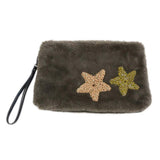 Star Patches Fuzzy Faux Fur Wristlet Clutch Bag