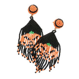 Pumpkin Detailed Seed Beaded Fringe Dangle Earrings