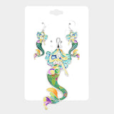 Enamel Floral Pattern Mermaid Pendant Set