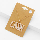 CZ Stone Paved CASH Message Pendant Necklace