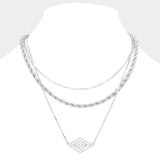 Rhinestone Centered Metal Rhombus Pendant Triple Layered Necklace