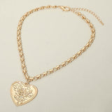 Rose Embossed Heart Pendant Decorative Link Chain Necklace