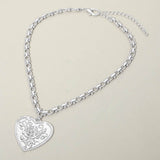 Rose Embossed Heart Pendant Decorative Link Chain Necklace