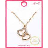 Gold Dipped Rhinestone Paved Layered Double Heart Pendant Necklace