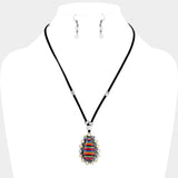 Faux Leather Cord Serape Rhinestone Teardrop Necklace