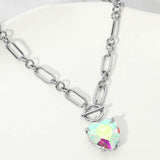 Women's Chunky Heart Stone Cluster Toggle Pendant Statement Necklace