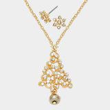 Crystal Christmas Tree Pendant Necklace with Snow Flake Earrings