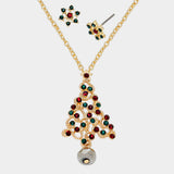 Crystal Christmas Tree Pendant Necklace with Snow Flake Earrings