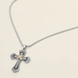 Two Tone Textured Metal Cross Pendant Necklace