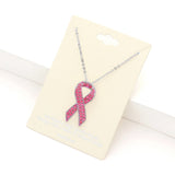 Rhinestone Embellished Metal Pink Ribbon Pendant Necklace
