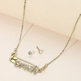 Rhinestone Paved CRUSH Message Pointed Safety Pin Pendant Necklace