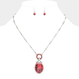 Stone Embellished Open Circle Oval Natural Stone Pendant Necklace