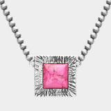 Square Natural Stone Accented Pendant Necklace