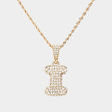 -I- Rhinestone Initial Monogram Pendant Brass Chain Necklace