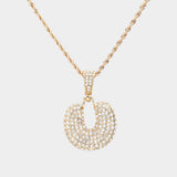 -U- Rhinestone Initial Monogram Pendant Brass Chain Necklace